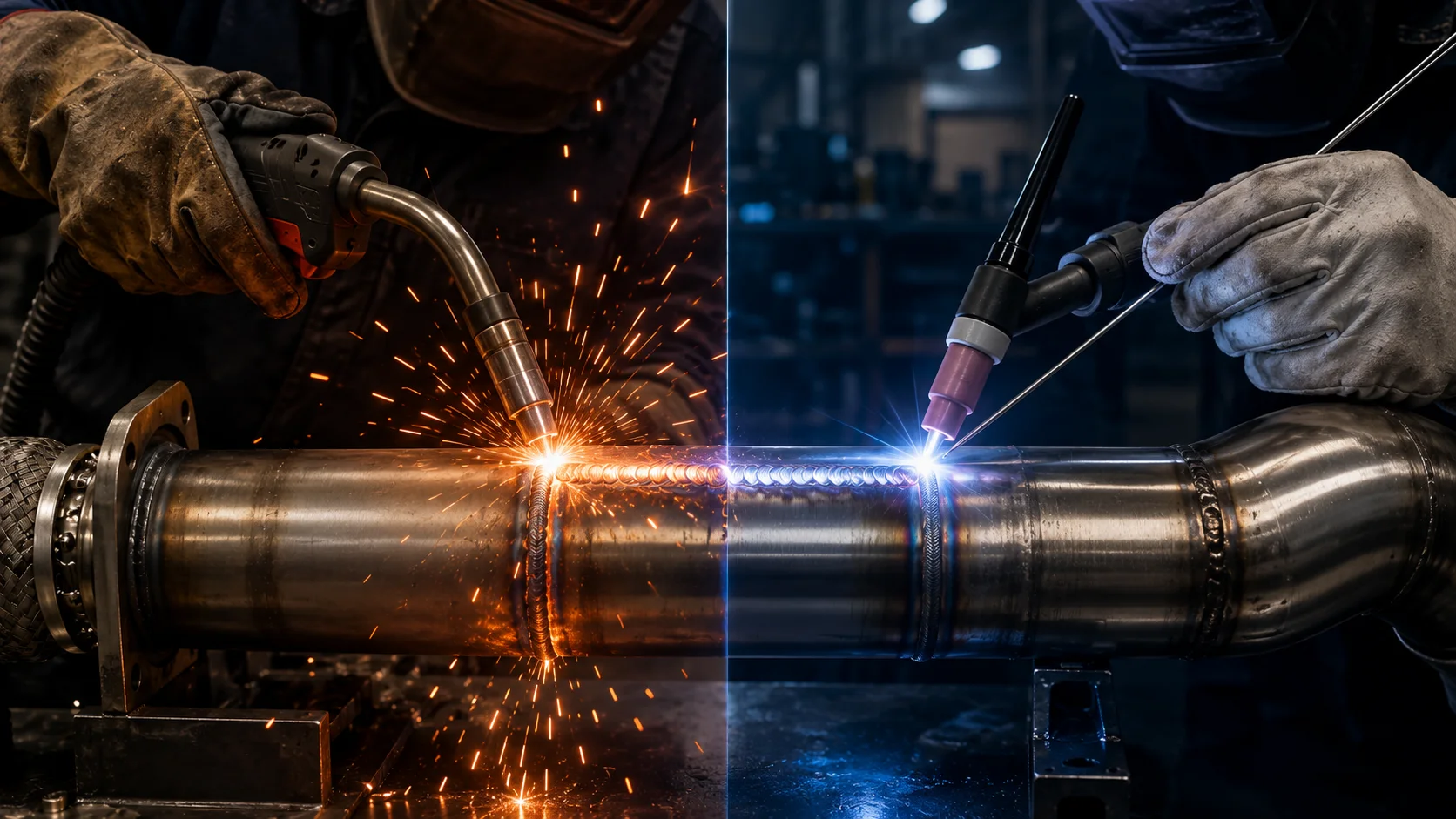 MIG and TIG welding processes shown side by side on a stainless steel pipe