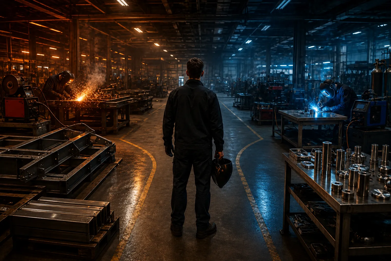Welder choosing between MIG vs TIG welding processes in an industrial workshop