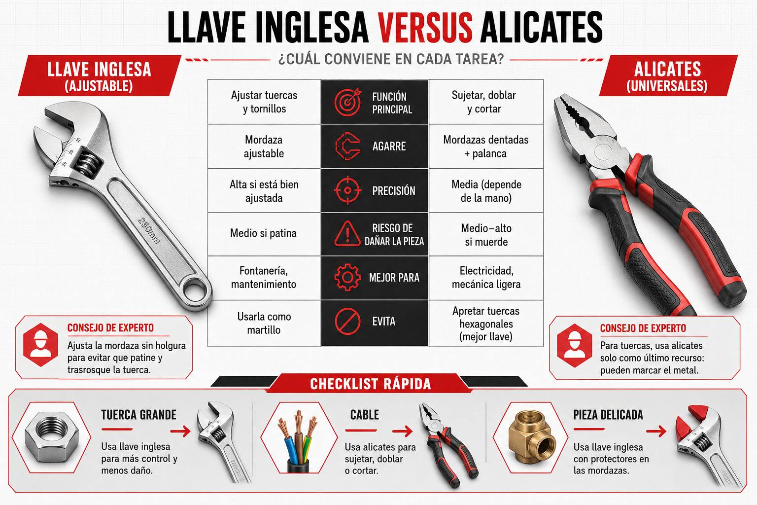 Infografía comparativa de llave inglesa y alicates Ronix con sus usos, precisión y aplicaciones principales