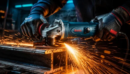 Amoladora angular Ronix 3210 cortando una barra de acero en una obra industrial