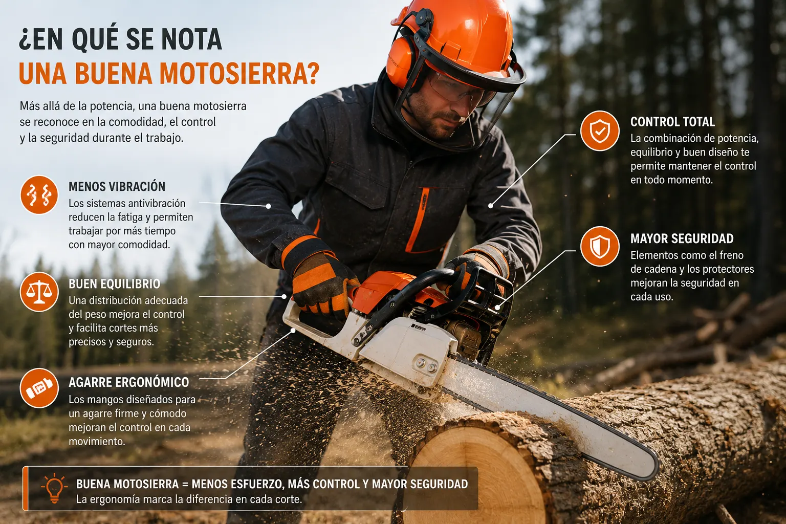Uso de motosierra con enfoque en ergonomía y control