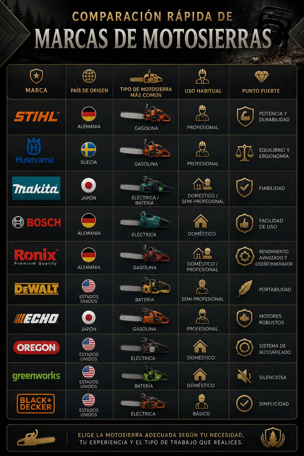 Comparativa de las principales marcas de motosierras