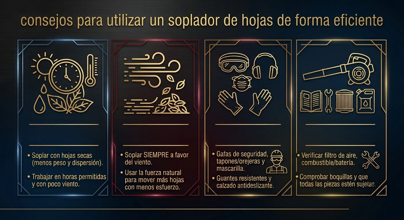 Infografía 4 consejos para utilizar un soplador de hojas de forma eficiente