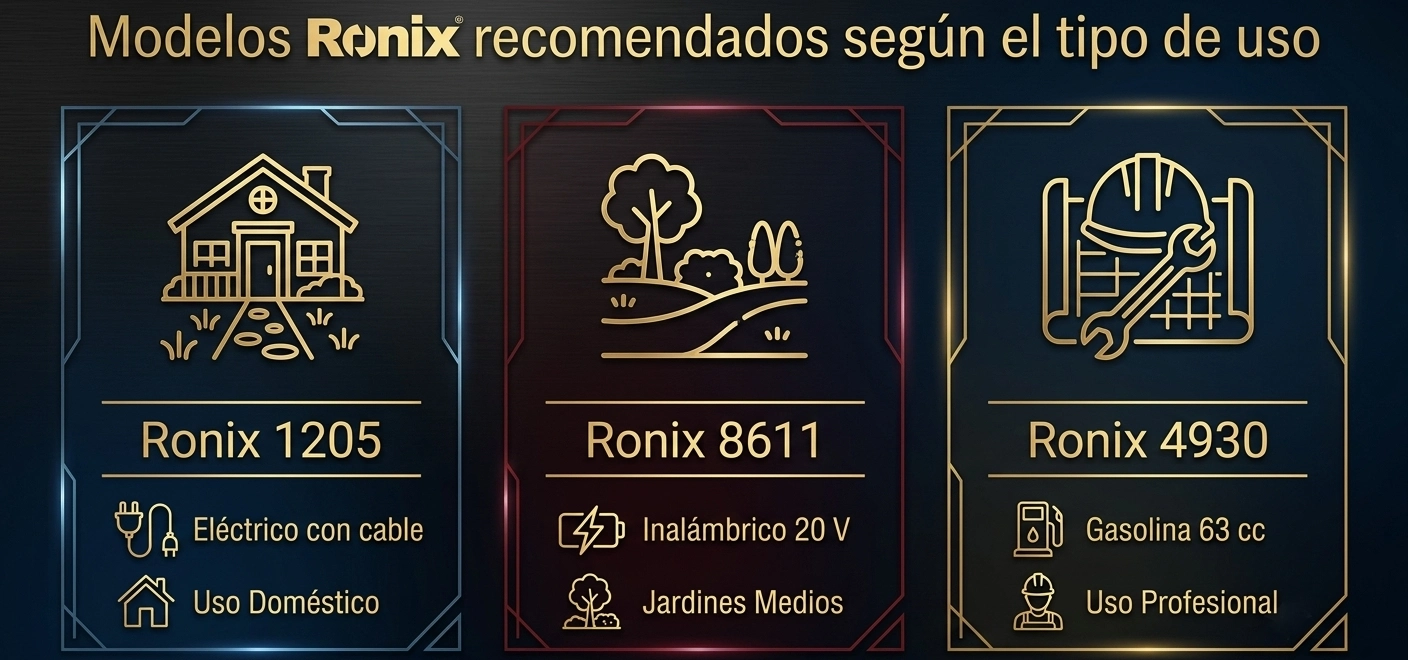 Infografía modelos de sopladores de Ronix recomendados según el tipo de uso