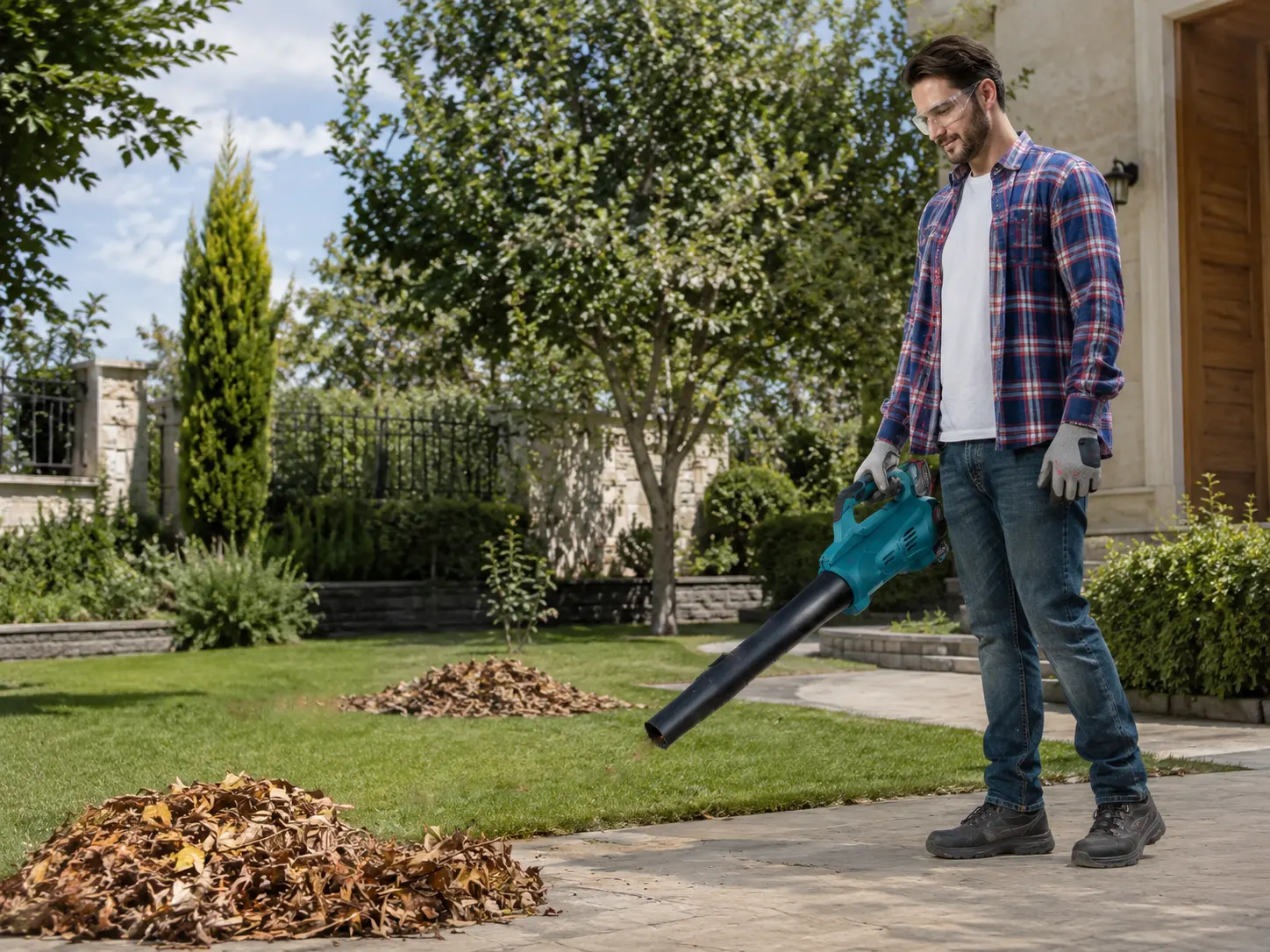 Jardín limpio después de utilizar un soplador de hojas Ronix para retirar hojas y restos vegetales