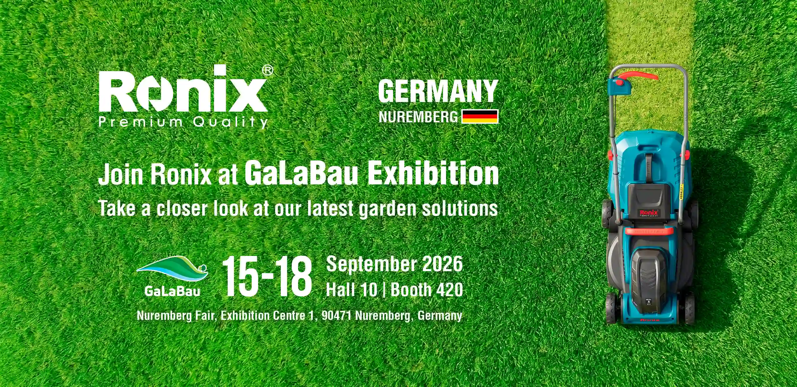 Banner de Ronix para GaLaBau 2026 en Núremberg con fecha del evento y ubicación del stand