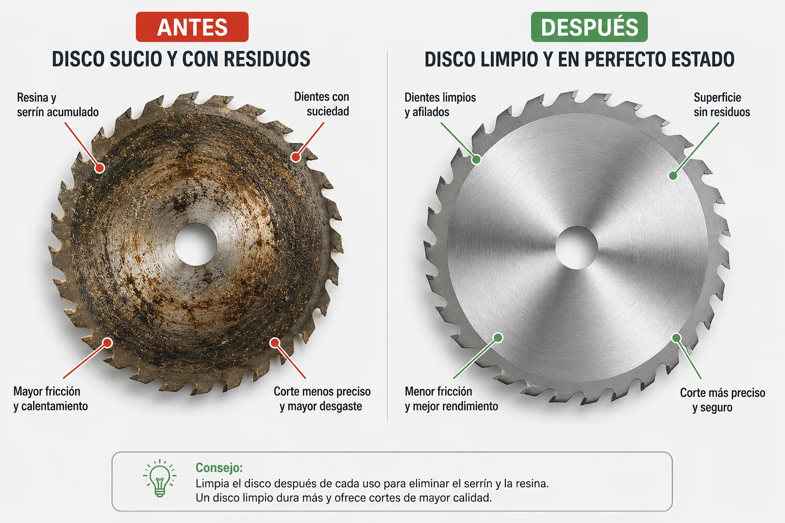 Comparación del estado de un disco de sierra circular antes y después del mantenimiento
