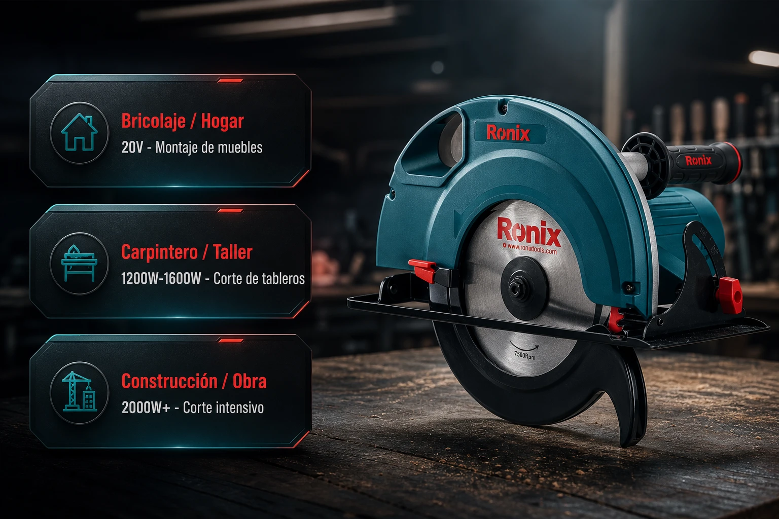 Diferentes modelos de sierras circulares Ronix para profesionales y bricolaje