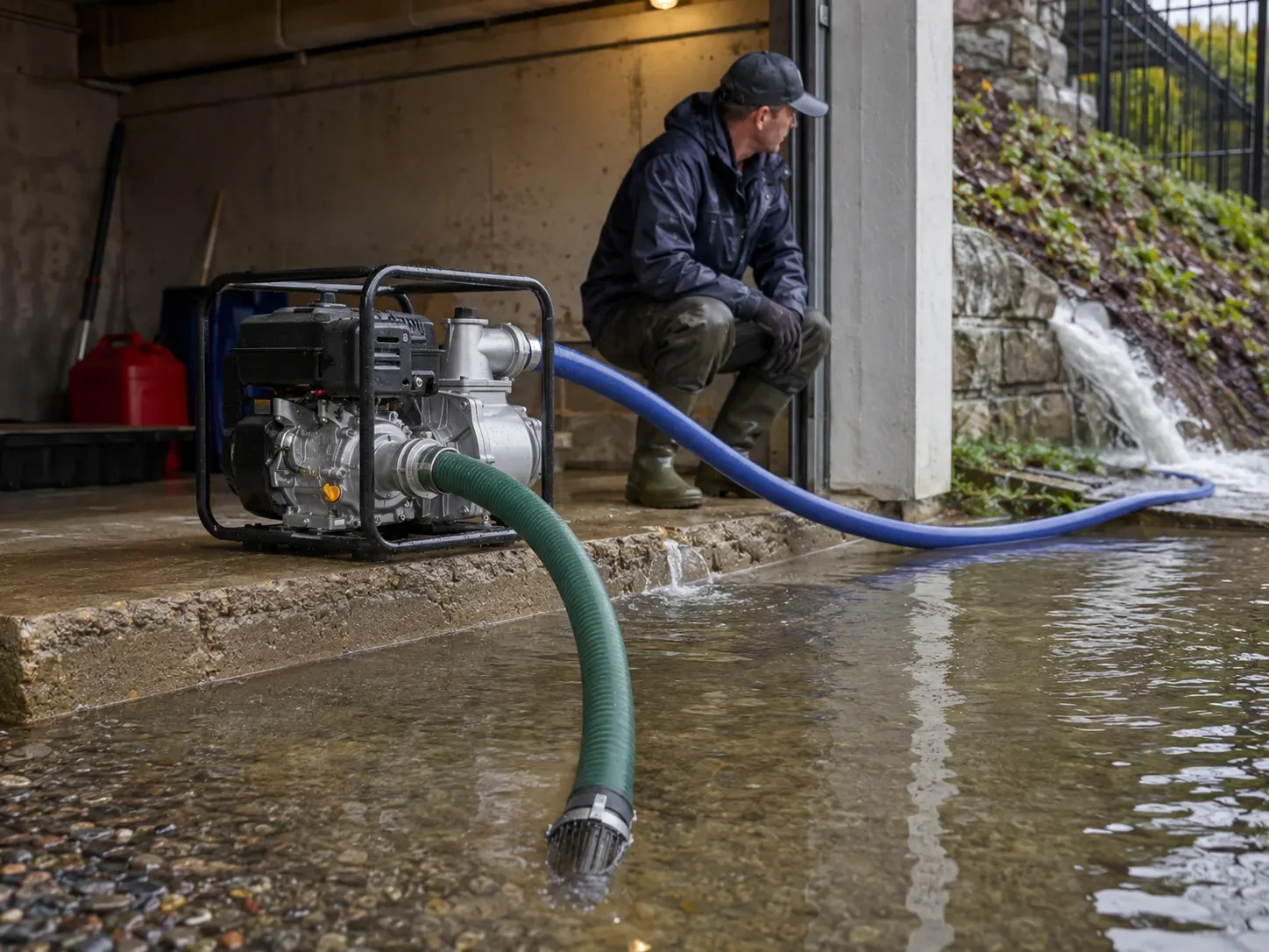 Bomba de agua drenando el agua de una inundación de la entrada de un garaje