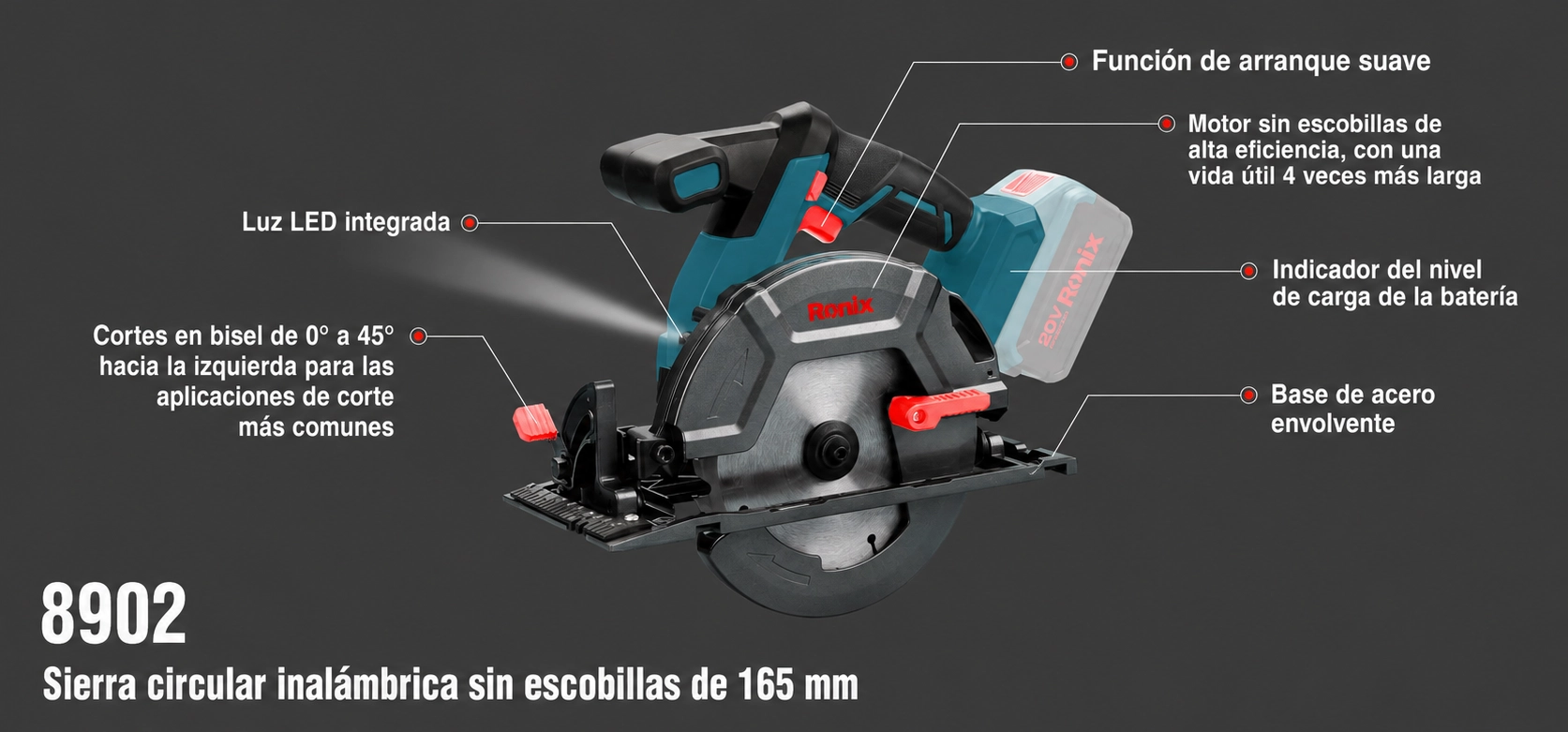 Sierra circular inalámbrica Ronix 8902 equipada con motor Brushless y batería de 20 V