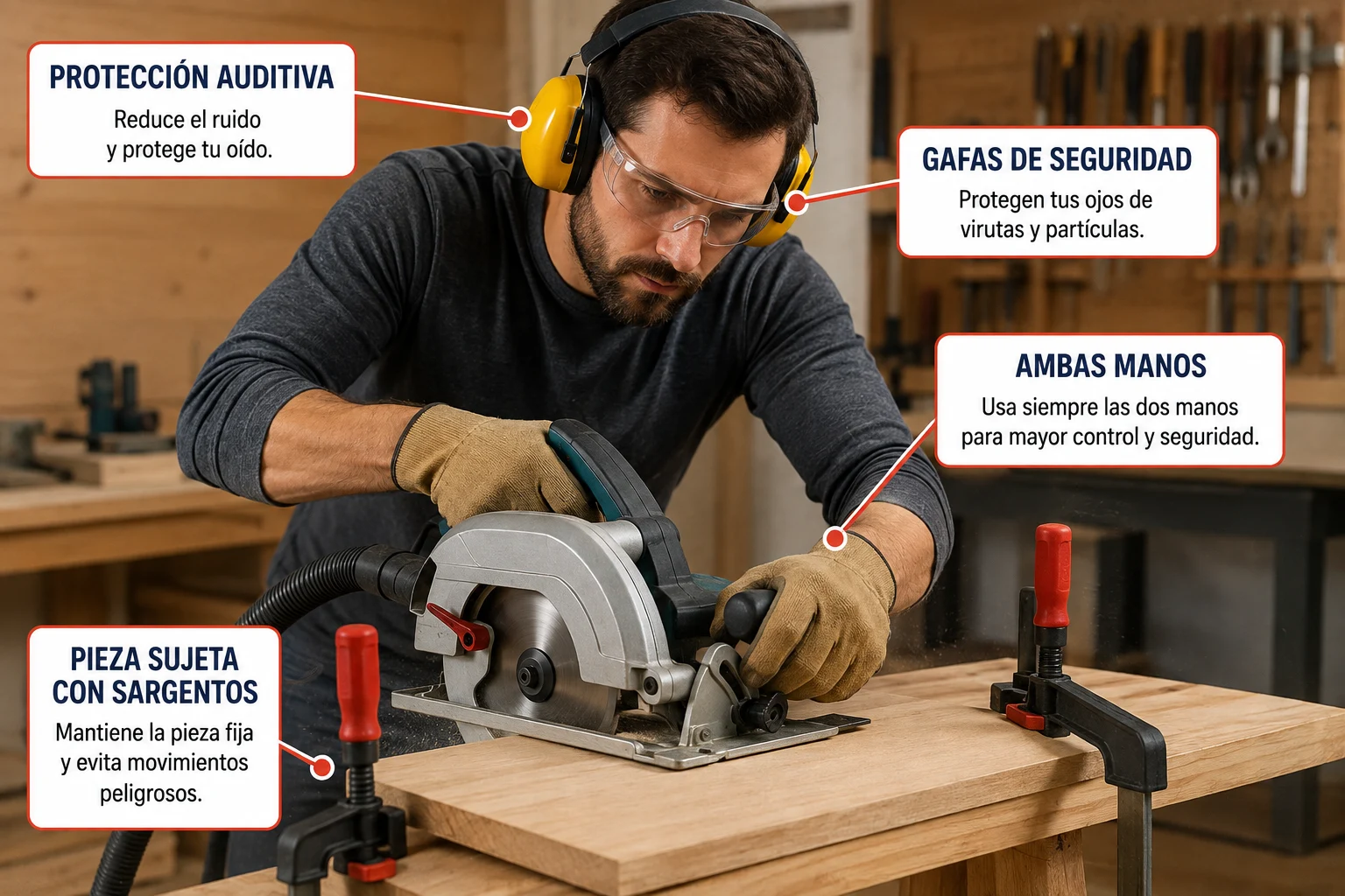 Uso seguro de una sierra circular con gafas de protección y pieza fijada con sargentos