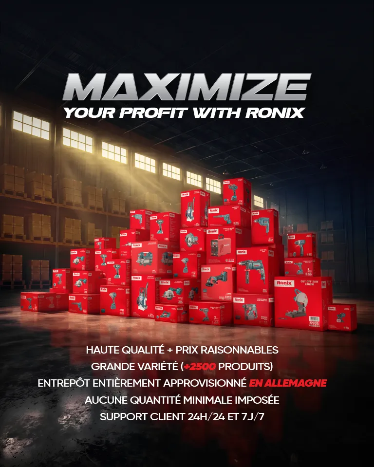 Une infographie montrant des cartons colorés Ronix dans un entrepôt.