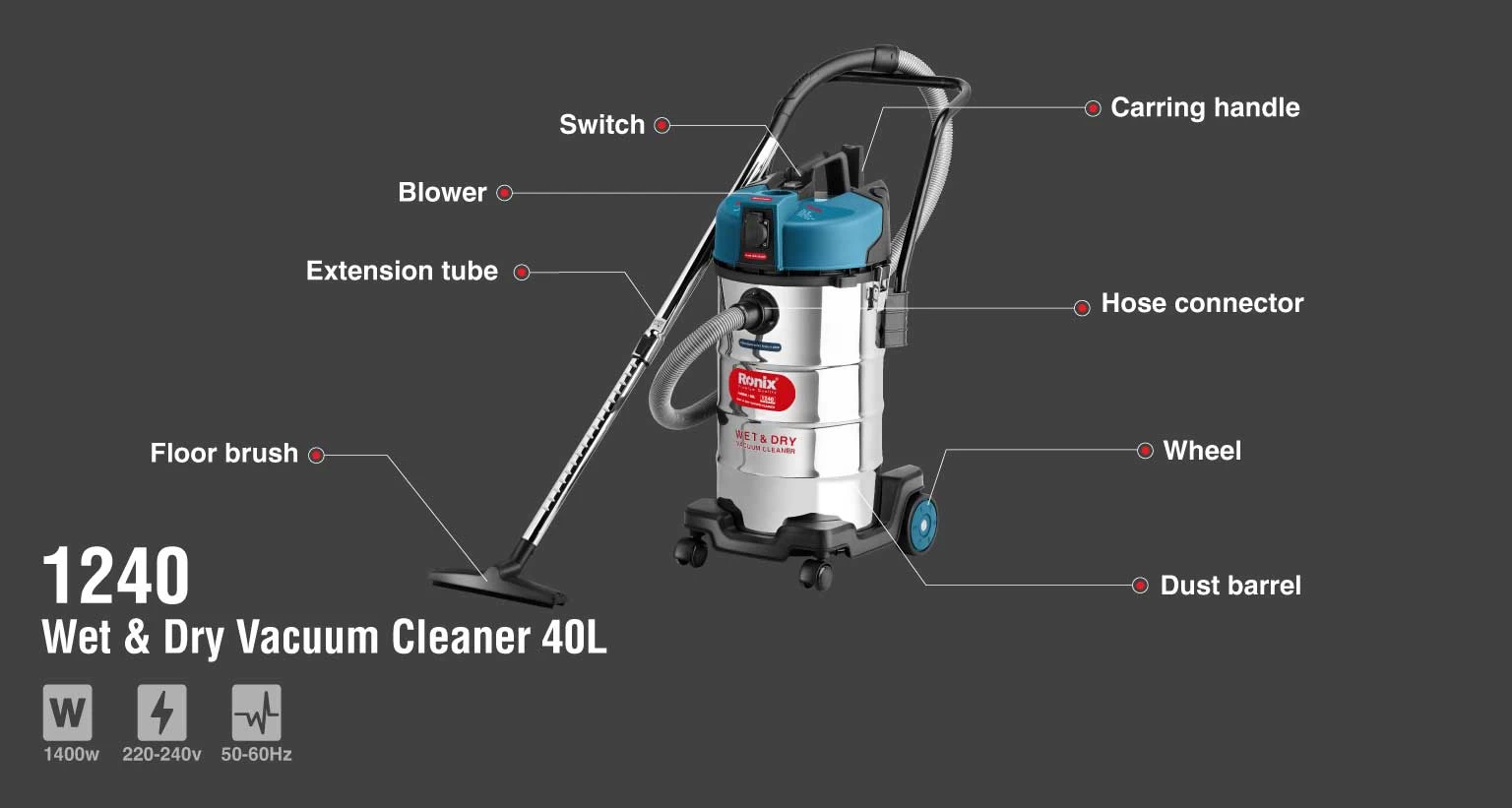 Wet & Dry Vacuum Cleaner- 40L 1400W_details