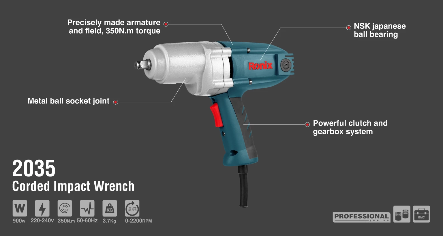 Corded Impact Wrench, 900W,350N.M, 220V_details