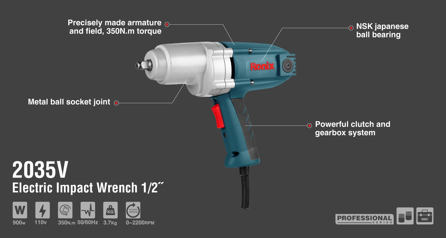 Electric impact wrench 900W-1/2 inch-110V_details