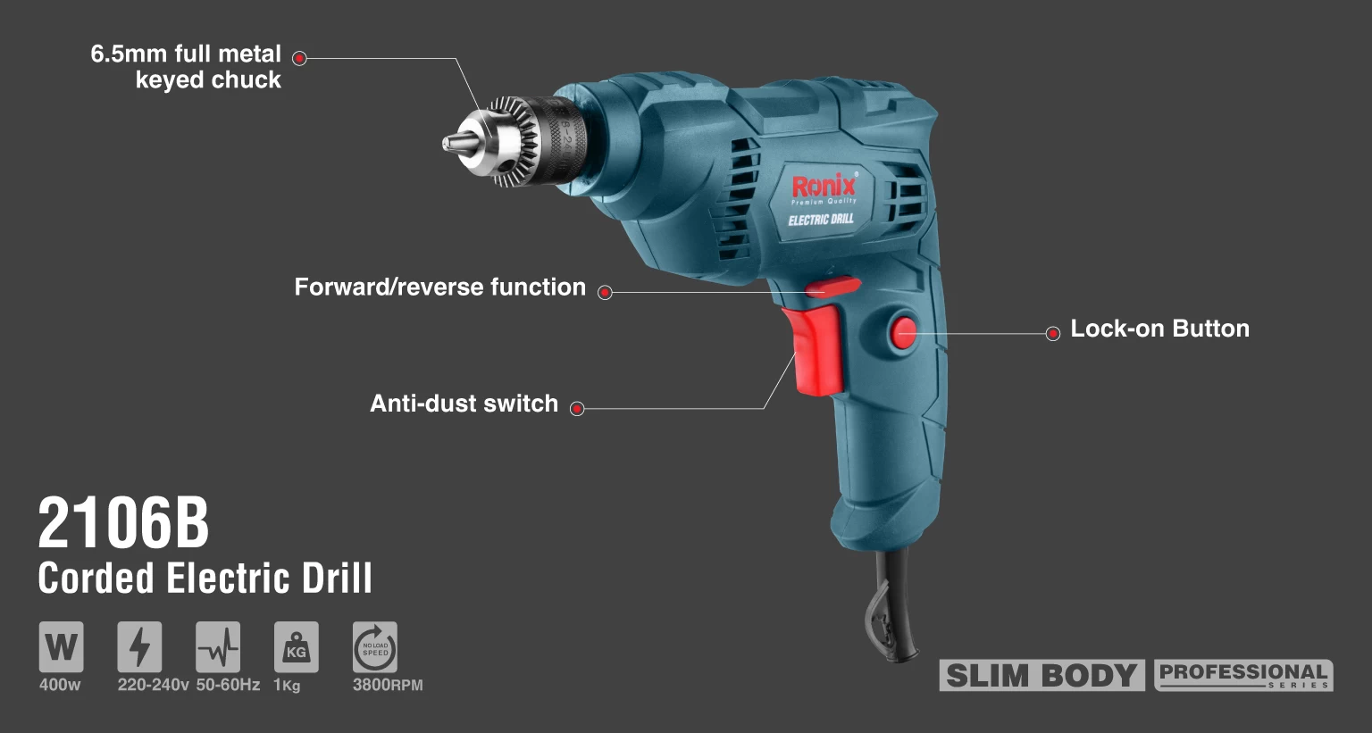 corded electric drill 400w 220v keyed chuck_details