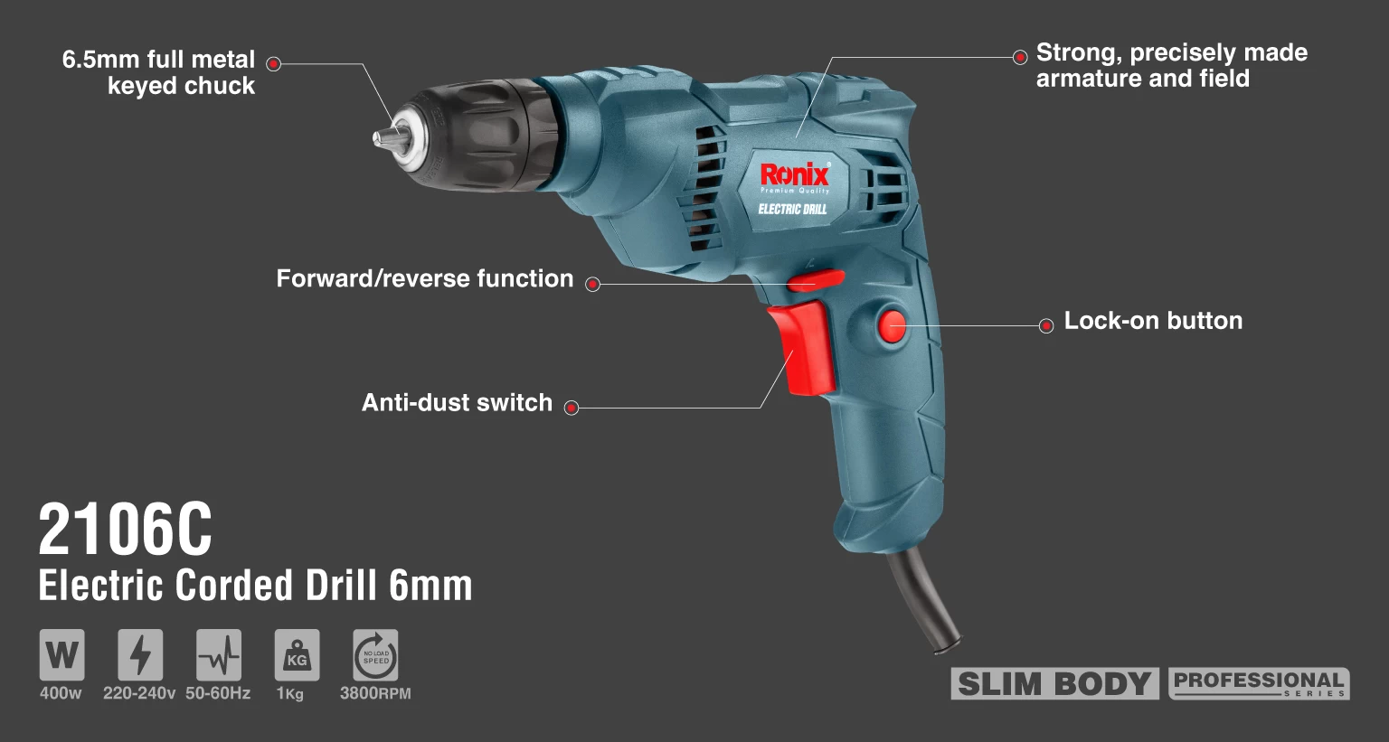electric corded drill 400w keyless chuck_details