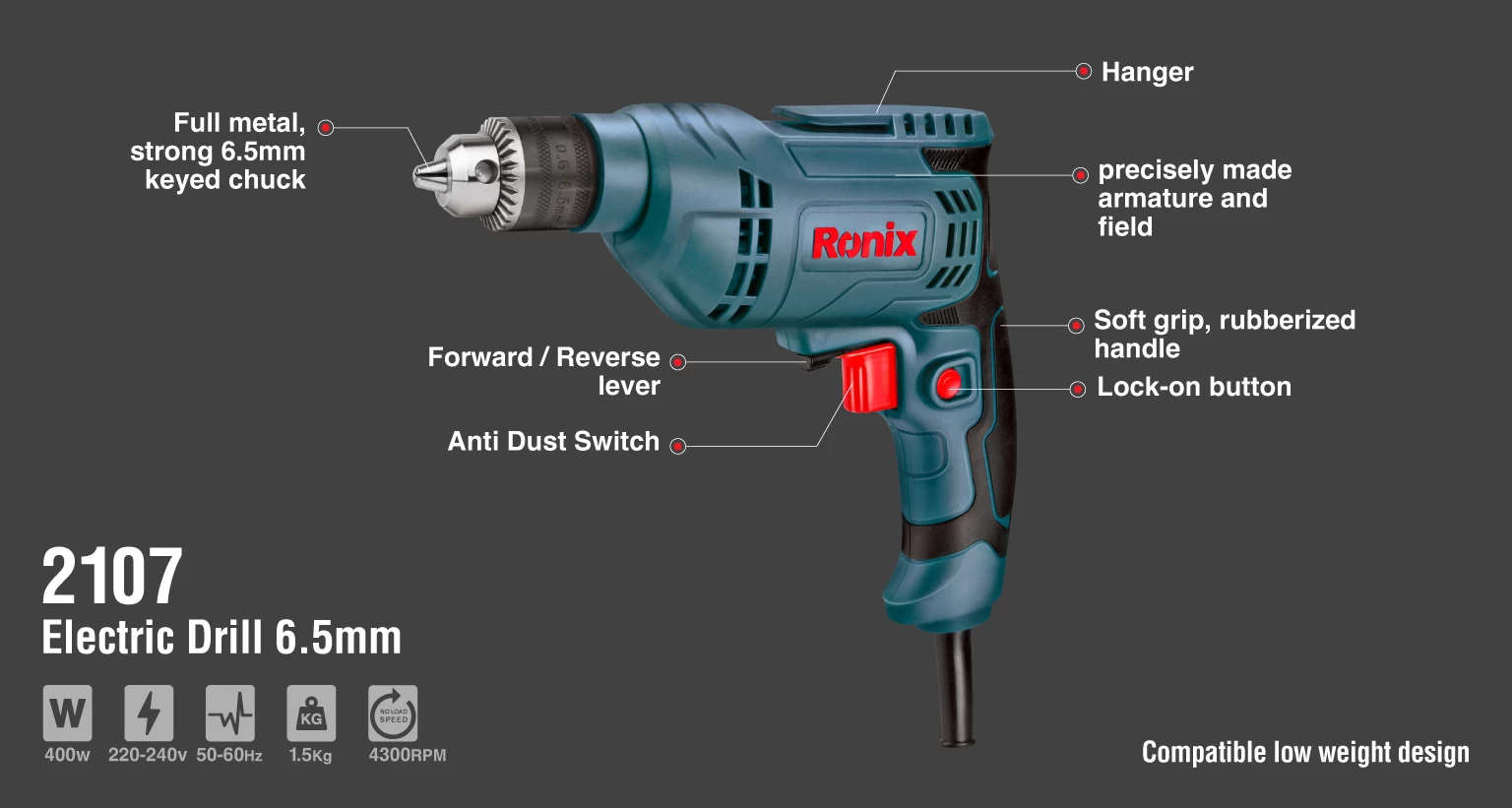 Corded Electric Drill, 400W, 220V_details
