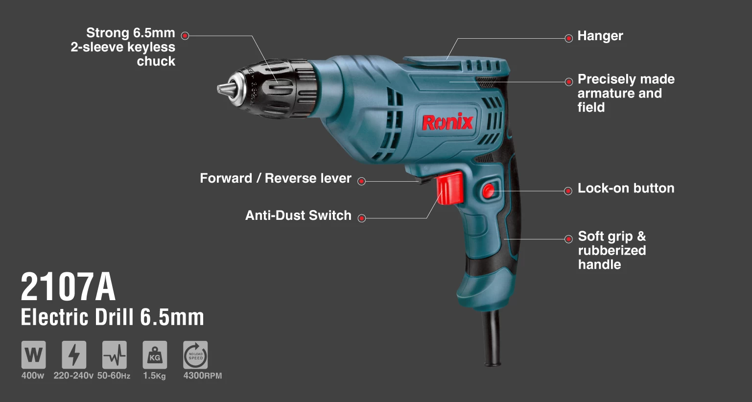 Electric drill 400W-6.5mm-keyless-4300 RPM_details