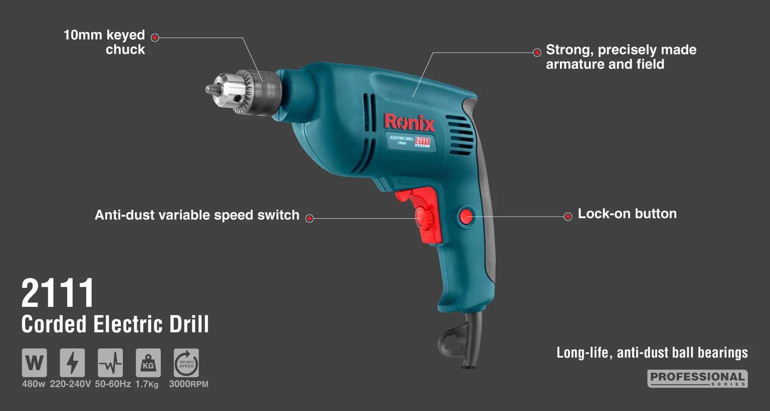Corded Electric Drill, 480W_details