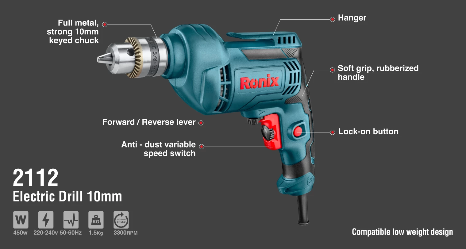 Electric Corded Drill, 450W, 220V, Keyed Chuck_details