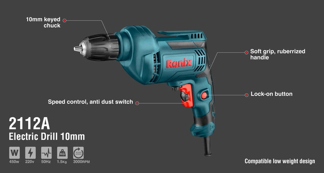Ronix Electric Corded Drill 10mm 2112A with information