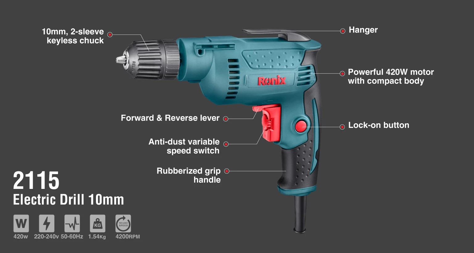 Electric Corded Drill 10mm, 420W, Keyless Chuck_details