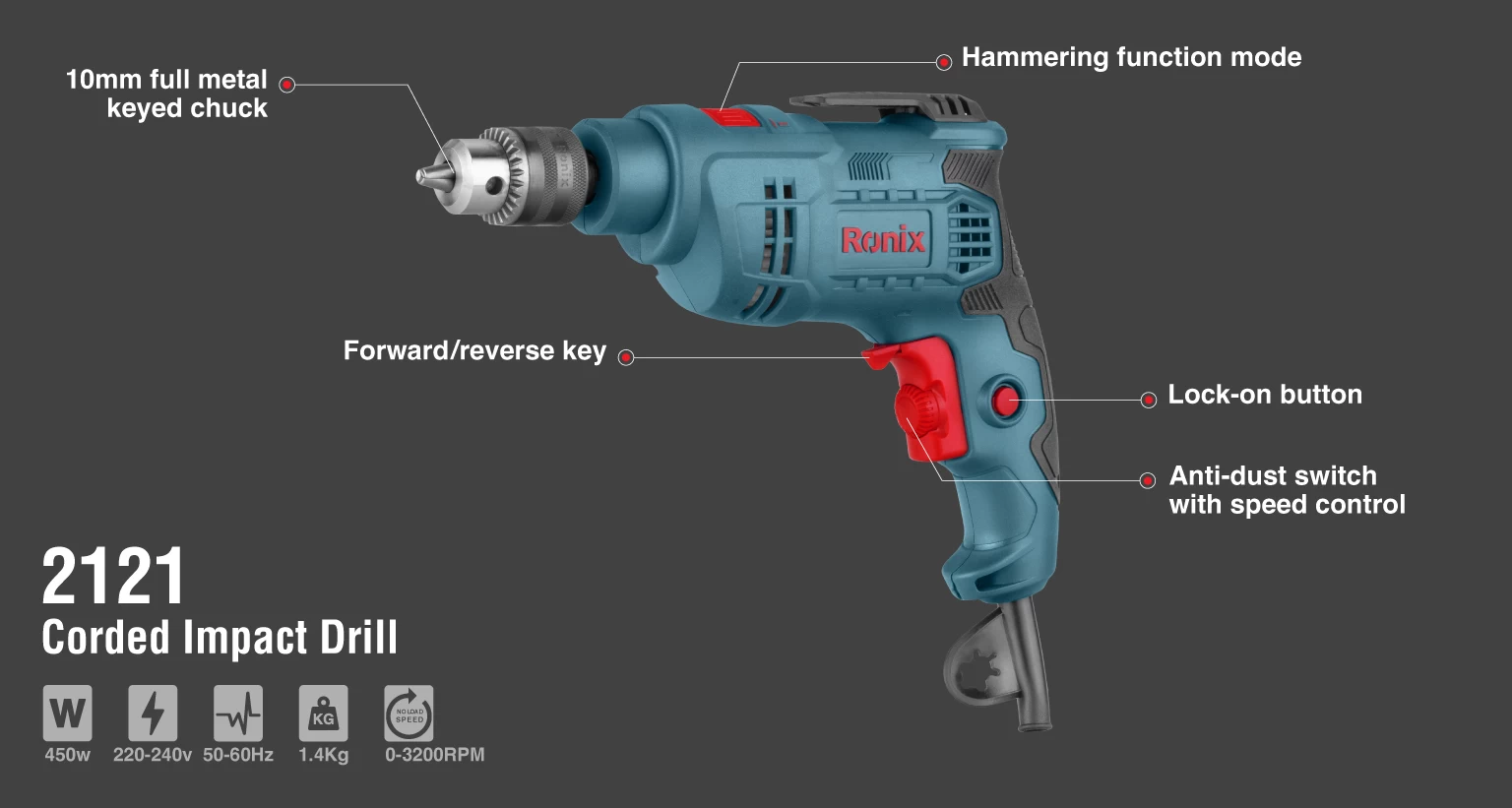 Corded Impact Drill, 450W_details