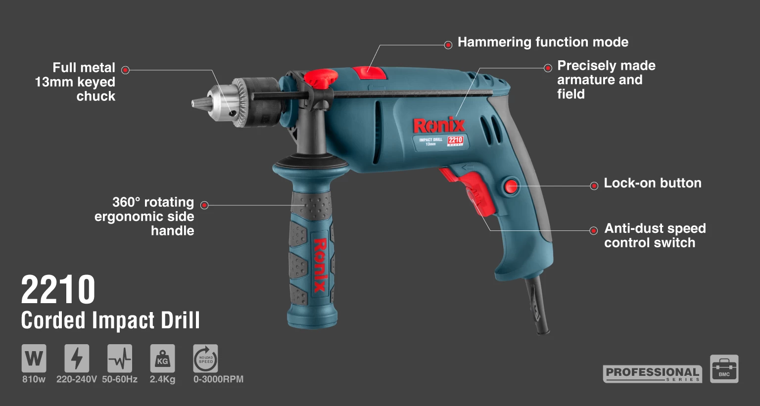 Corded Impact Drill, 810W, Keyed Chuck_details