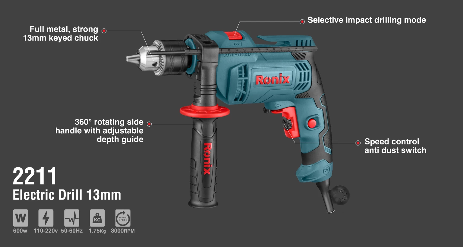 Corded Impact Drill, 600W, 220V_details