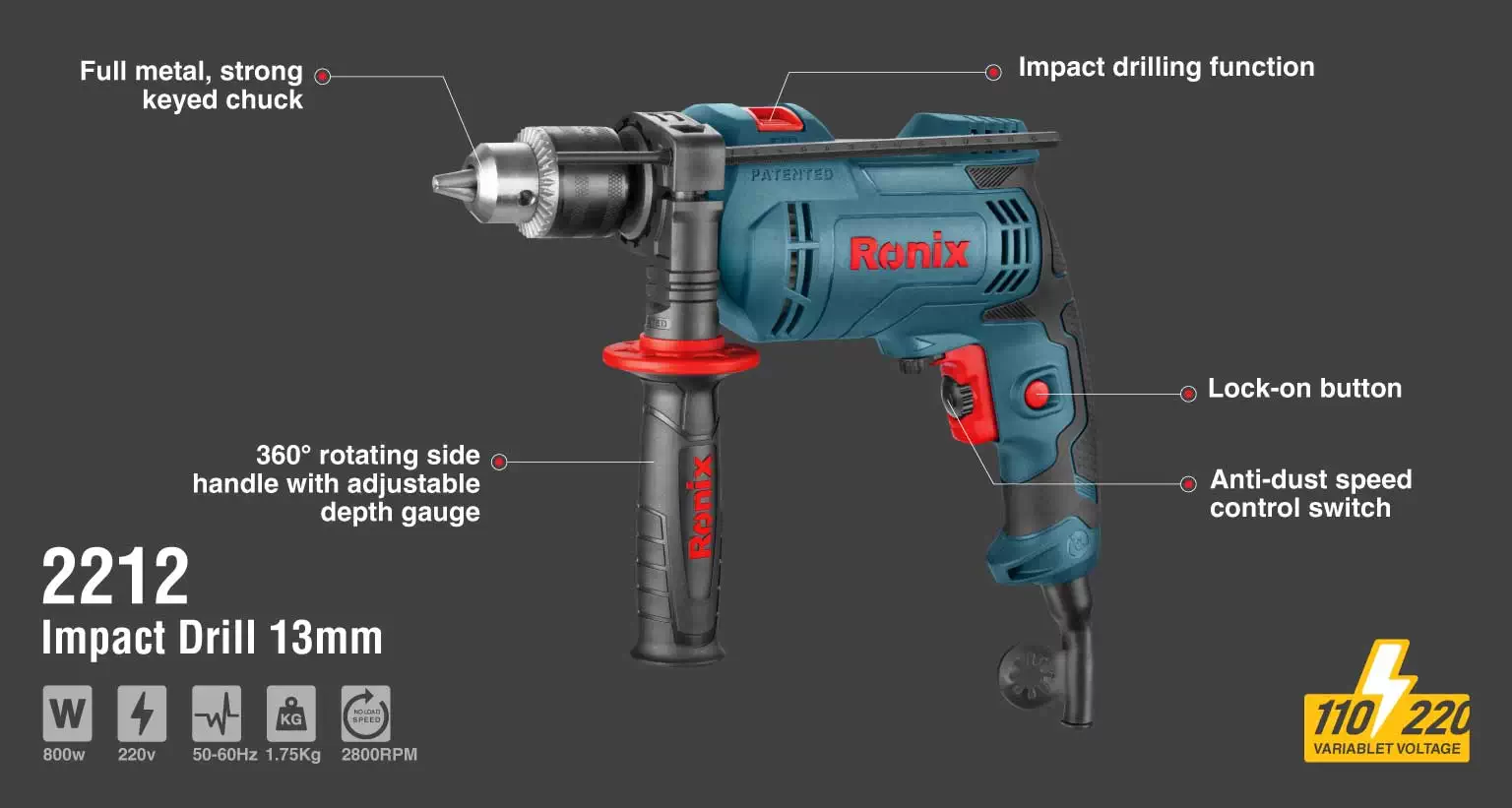 Taladro percutor eléctrico 800W de 13mm con llave_details