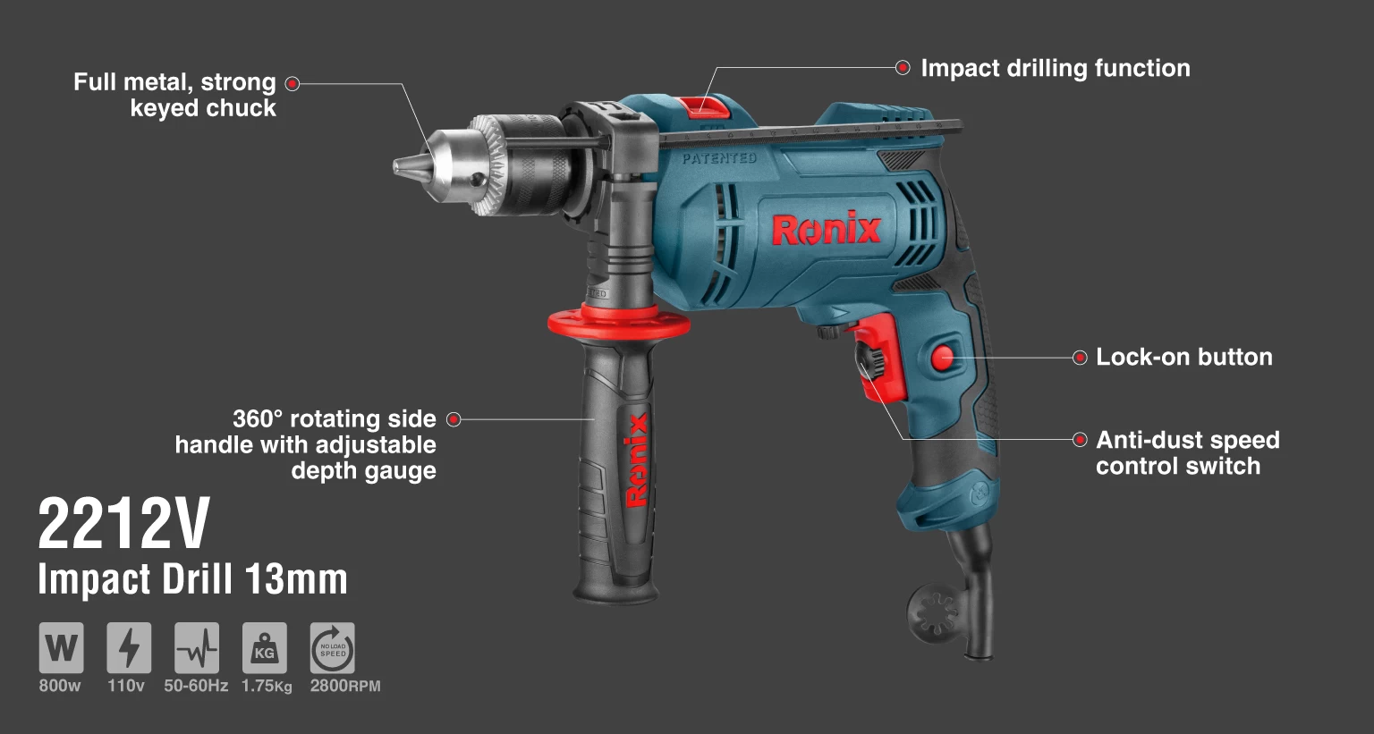 Electric Impact Drill 800W-13mm-keyed-110V_details