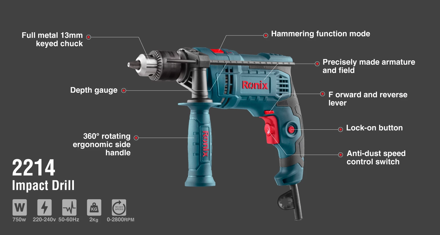 Corded Impact Drill, 750W, Keyed Chuck_details