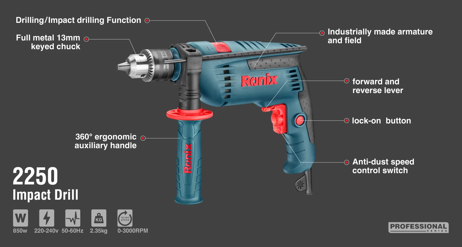 Corded Impact Drill,13mm, 850W, 2Kg_details