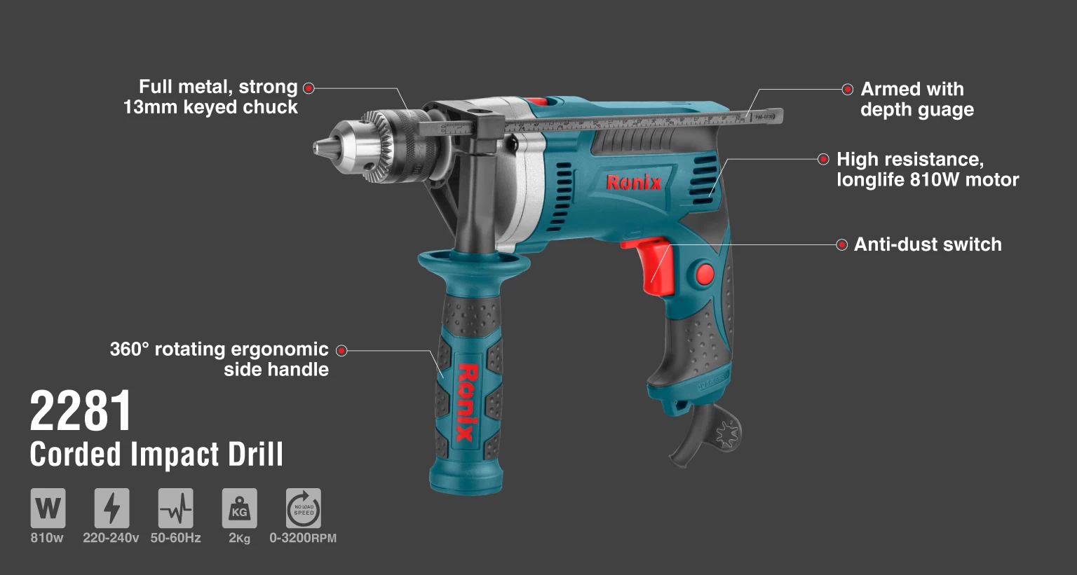 Corded Impact Drill 13mm 810W_details