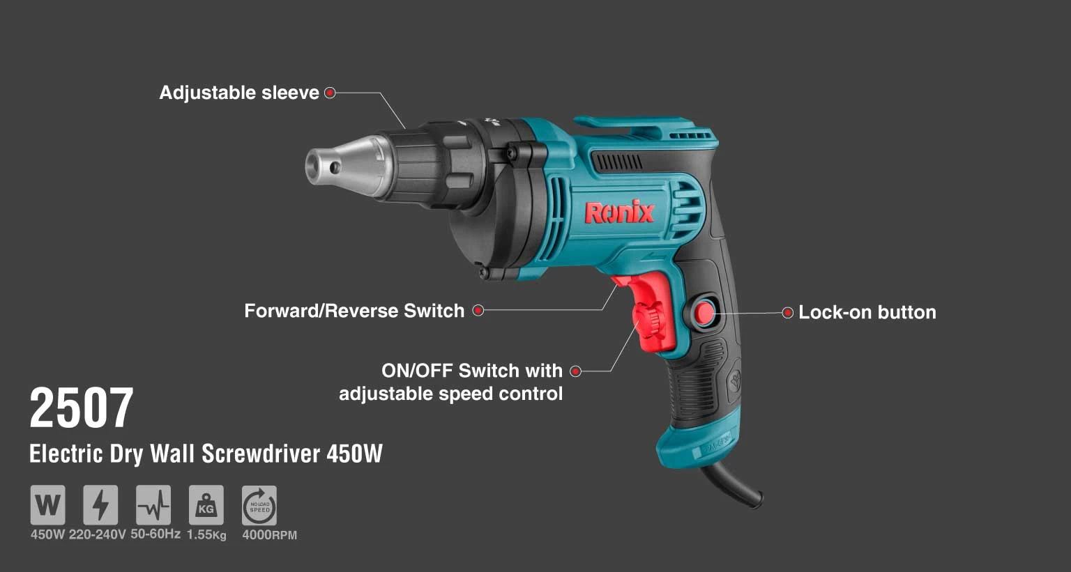 Electric Dry Wall Screwdriver 450W-13N.m_details