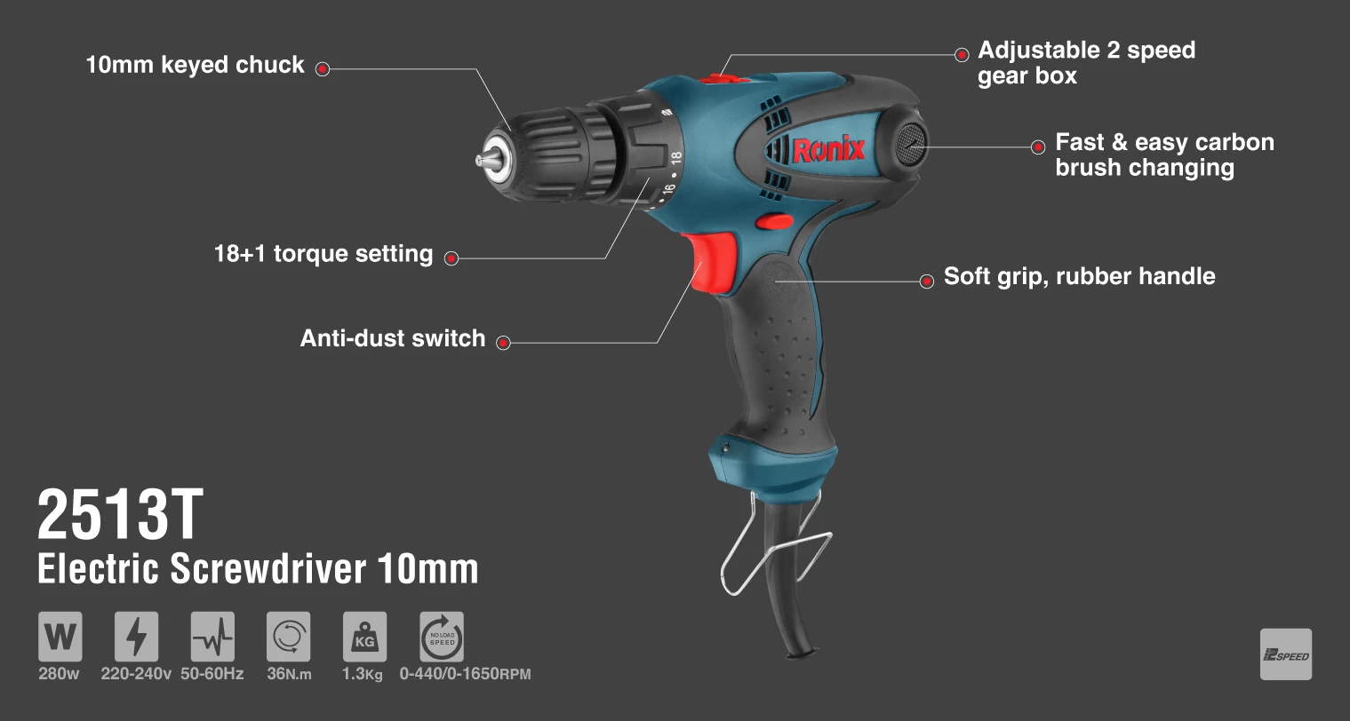 Corded Screwdriver, 280W, 36N.M, 2-Speed Gearbox_details