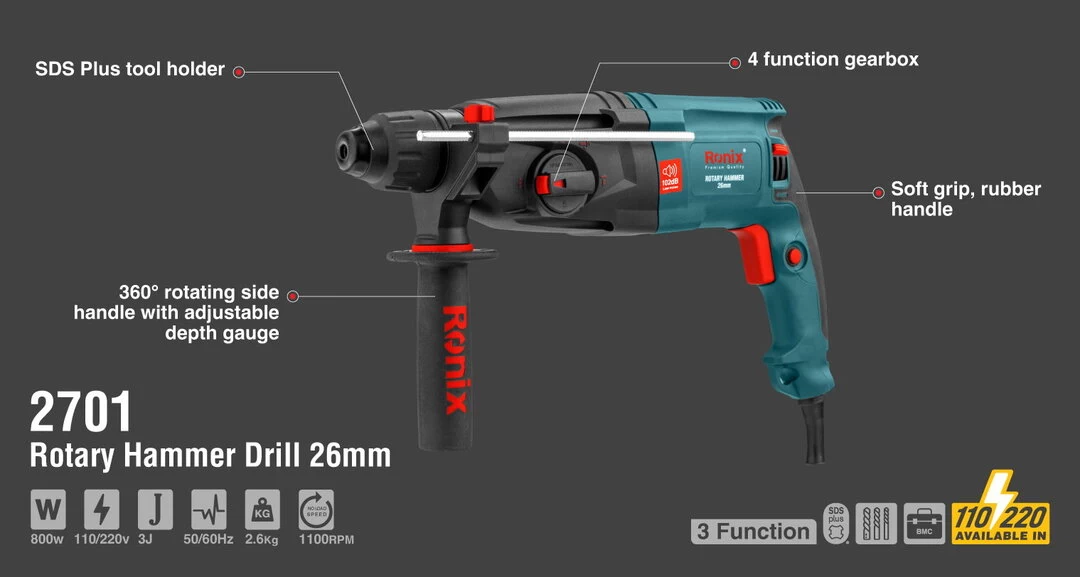 Ronix Rotary Hammer Drill with 26mm SDS-Plus Bit Holder 2701V with information