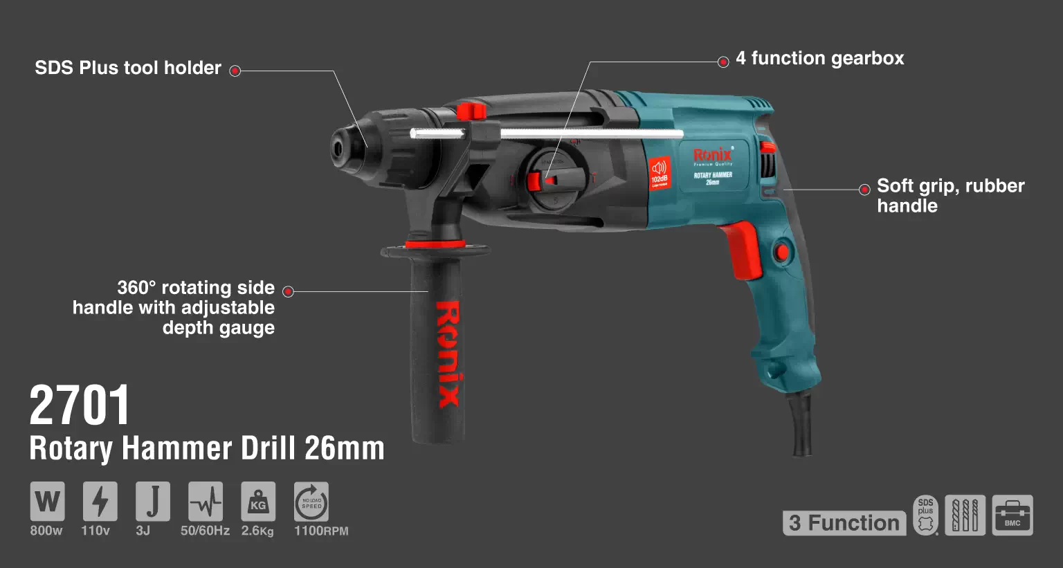 Elektro-Bohrhammer 26mm 800W mit variabler Spannung_details