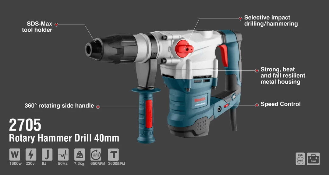 Ronix 40 mm Rotary Hammer-1600W 2705 with information