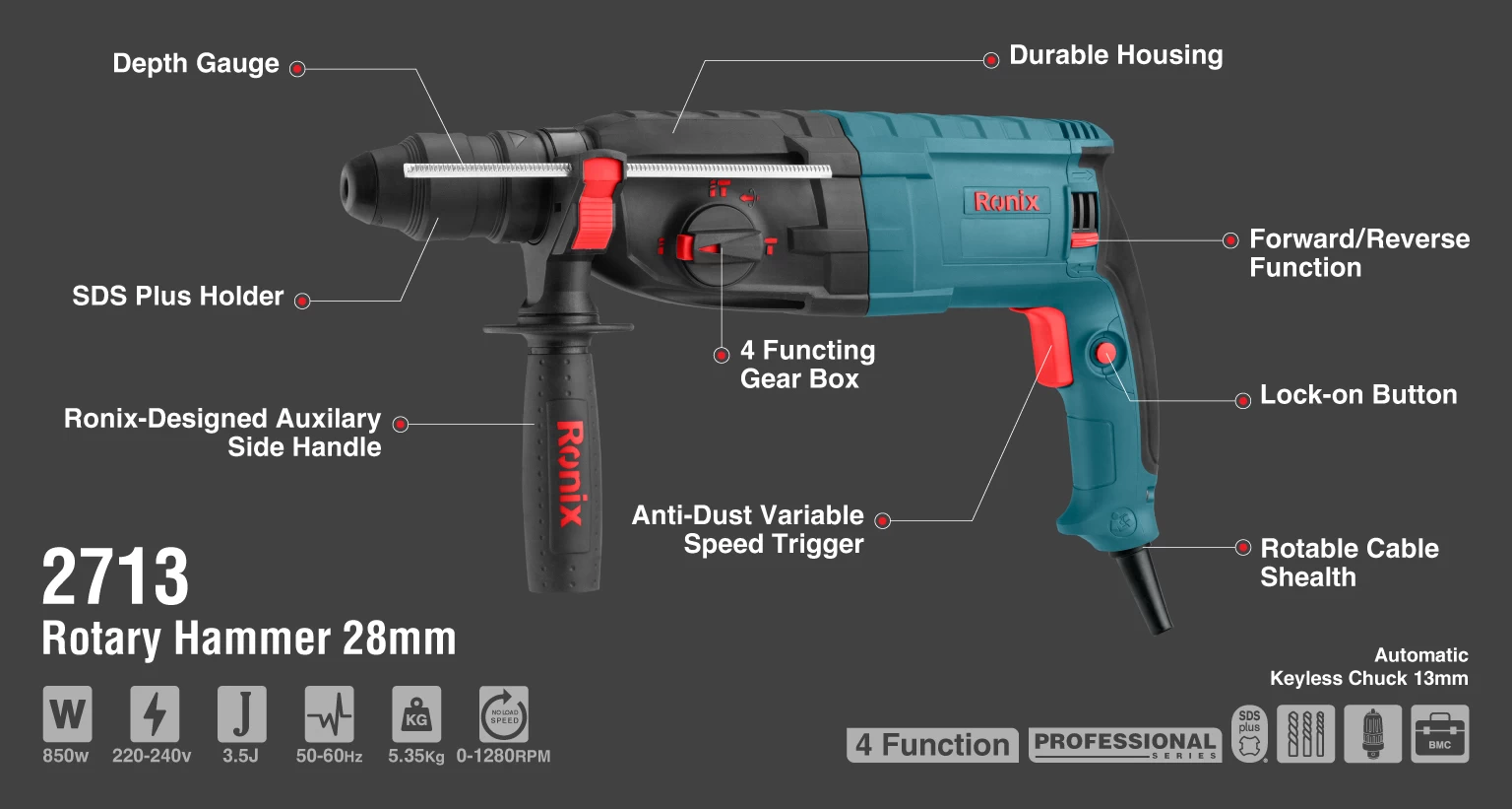 Rotary hammer 850w-28mm-5.35kg_details