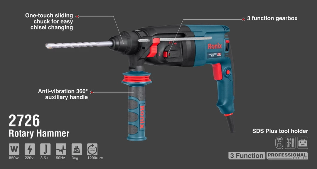 Ronix 26 mm Rotary Hammer-850W 2726 with information