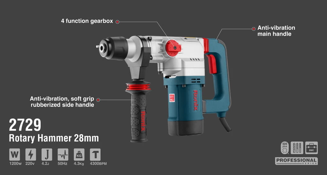 Ronix 28 mm Rotary Hammer 2729 with information