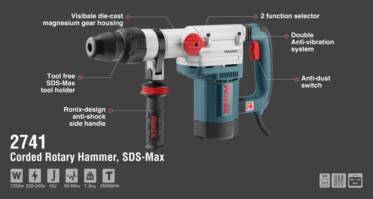 Corded Rotary Hammer 1250W SDS Max_details