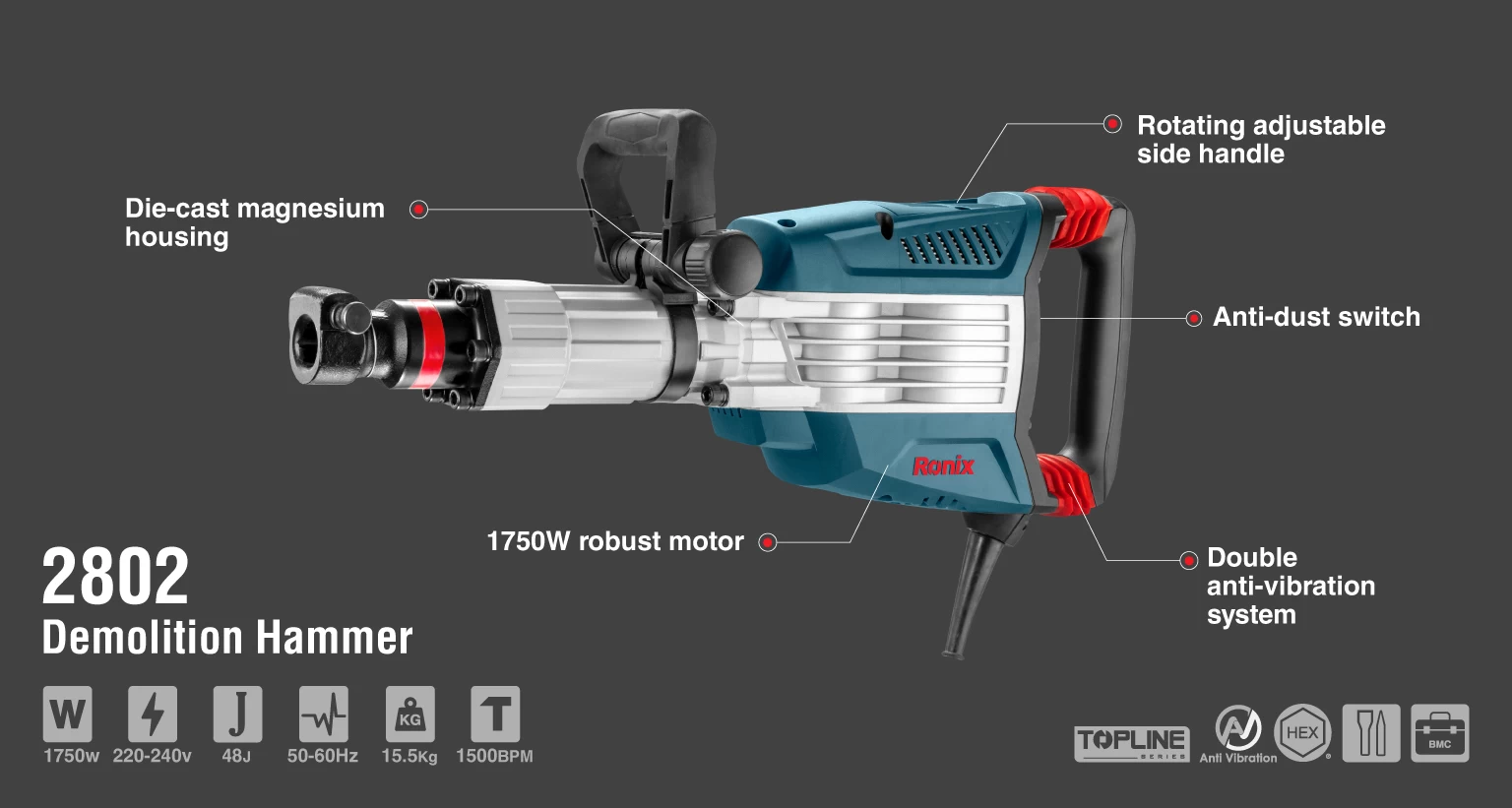 Abbruchhammer 48 Joule 15.5kg mit Sechskant-Aufnahme Topline-Serie_details