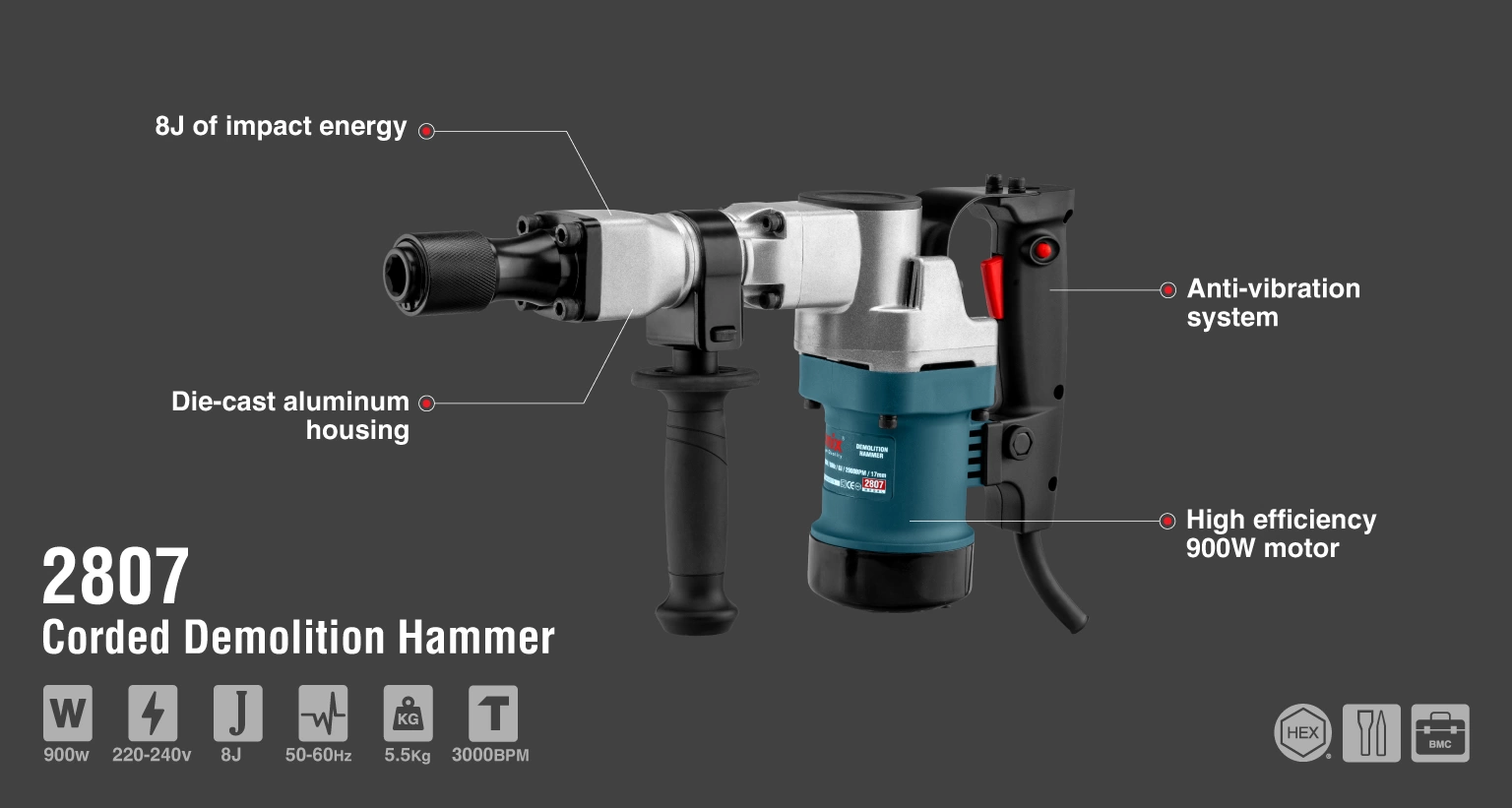 Corded Demolition Hammer,950W, HEX_details