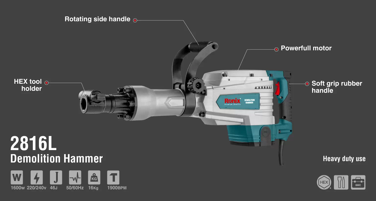 demolition hammer 1600w robust motor hex bit holder_details
