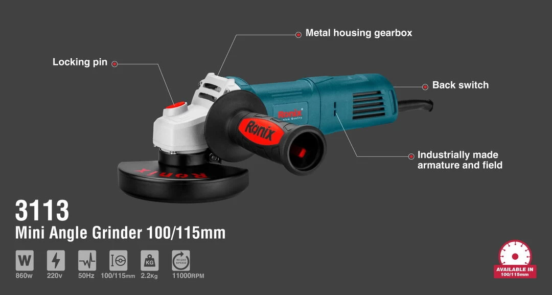 Ronix Mini Angle Grinder 115mm / 100mm 3113 with information