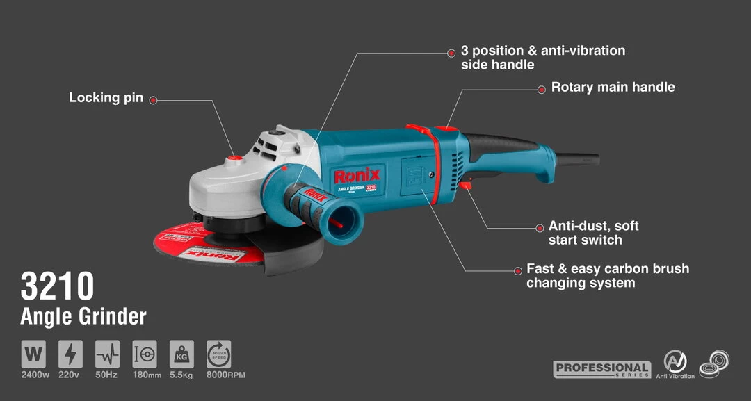 Ronix Angle Grinder 180mm 2400W 3210 with information