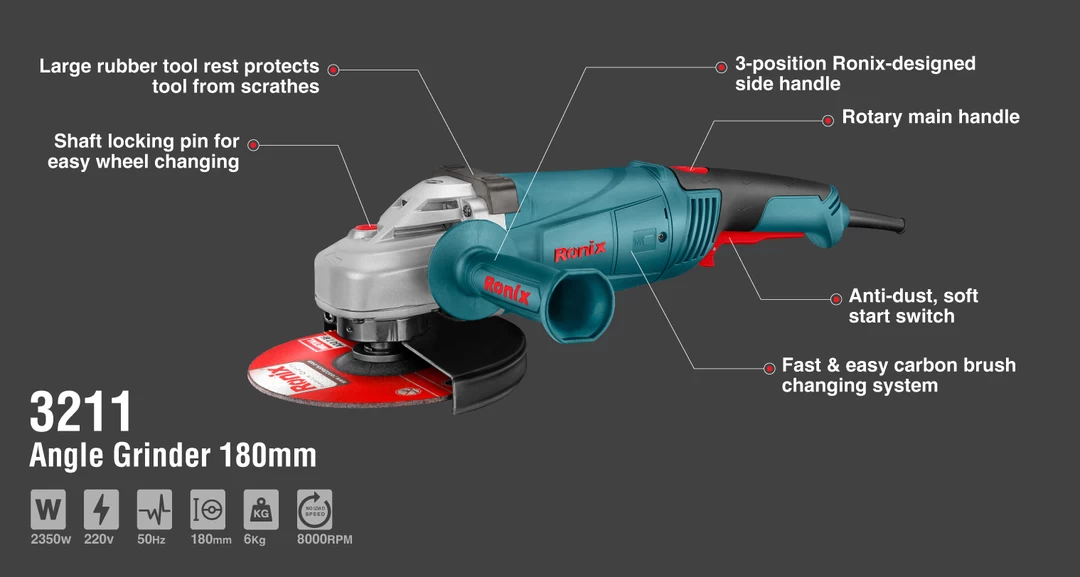 Ronix Angle Grinder 180mm 2350W 3211 with information